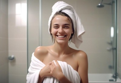 Woman smiles after shower