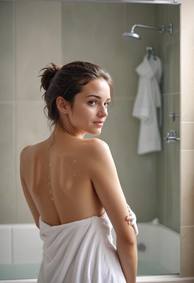 Woman drying off in bathroom