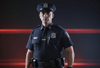 Police officer standing in front of red lights