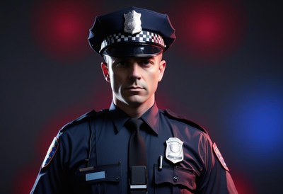Police officer portrait against red and blue lights