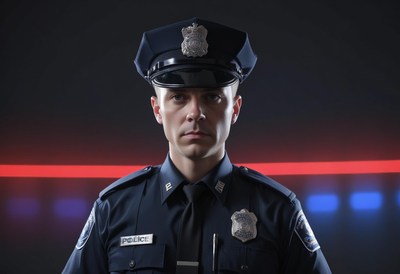 Police officer portrait with red and blue lights