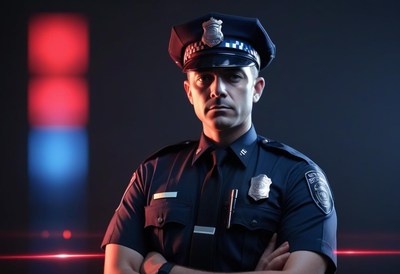 Police officer standing against red and blue lights