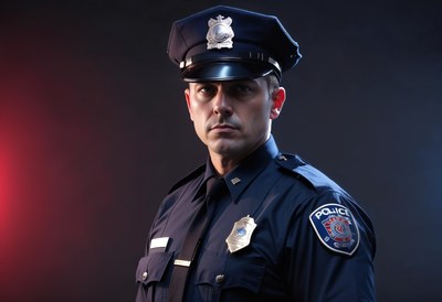 Police officer in uniform against dark background