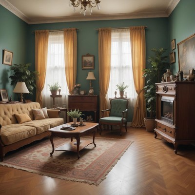Living room with green walls and natural light