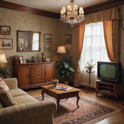 Living room with antique furniture and chandelier