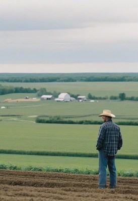 Farmer surveying field in rural landscape
