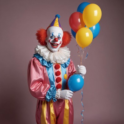 Clown holding balloons against pink background