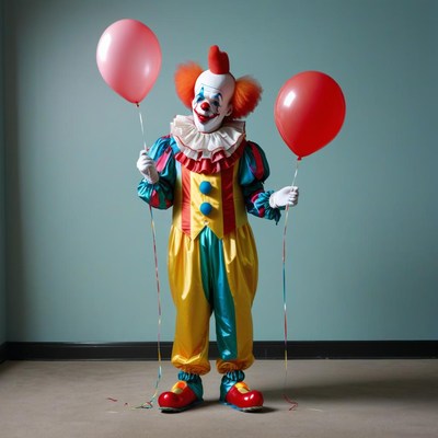 Clown holding balloons in room