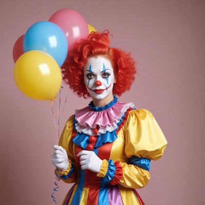 Woman in clown costume holding balloons