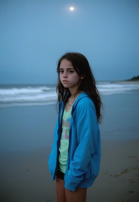 Girl standing on beach at dusk