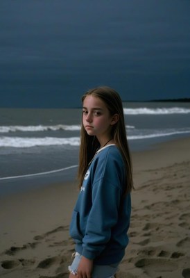 Girl standing on beach at dusk