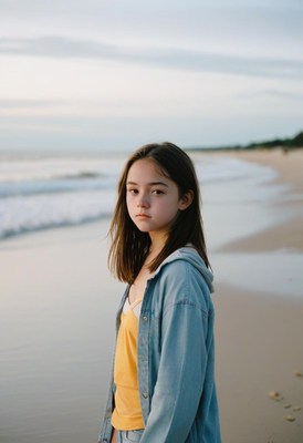Girl standing on beach at sunset