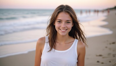 Woman smiling on beach at sunset
