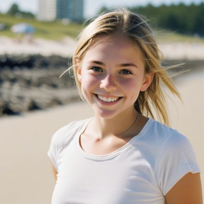 Blonde woman smiling on beach