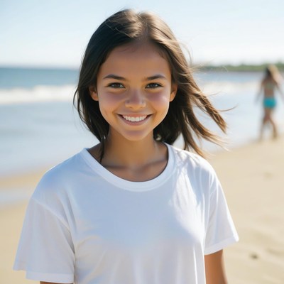 Smiling girl on sandy beach