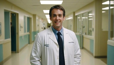 Doctor smiling in hospital hallway