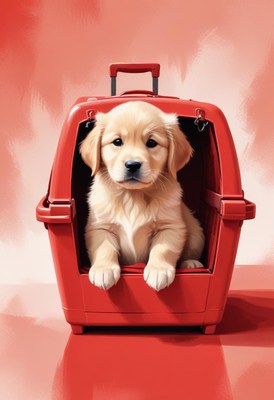Puppy in red travel crate