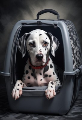 Dalmatian dog inside travel crate