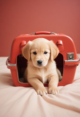 Golden retriever puppy in a red crate