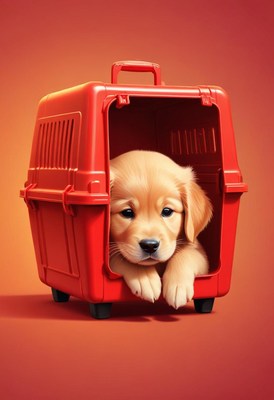 Golden retriever puppy in red crate