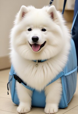 White samoyed dog in blue carrier