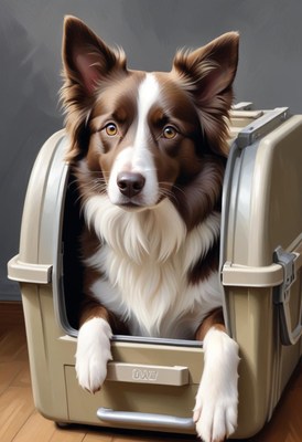Border collie in travel crate