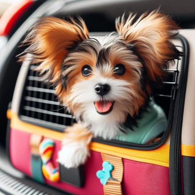 Happy dog in car crate