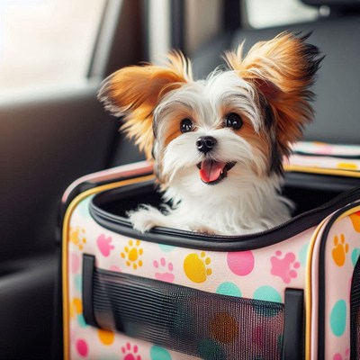 Happy dog in car carrier