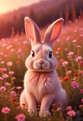 Pink rabbit in field of flowers