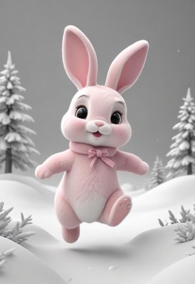 Pink bunny hopping in snowy landscape
