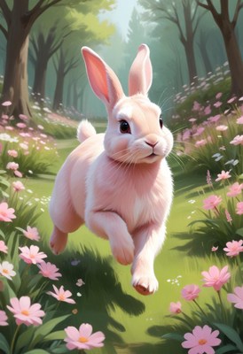 Pink rabbit running through flowers