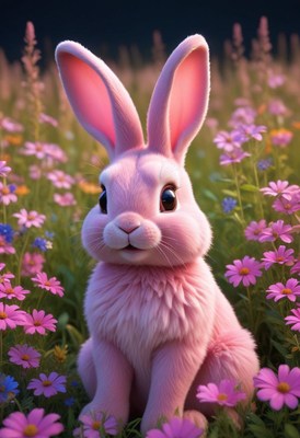 Pink bunny in a flower field