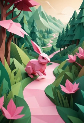 Papercraft rabbit in a forest