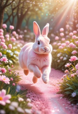 Pink rabbit running through flower path