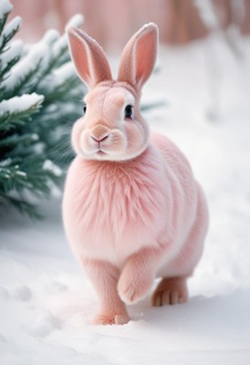 Pink rabbit in winter snow