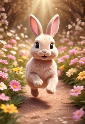 Bunny running through flower path