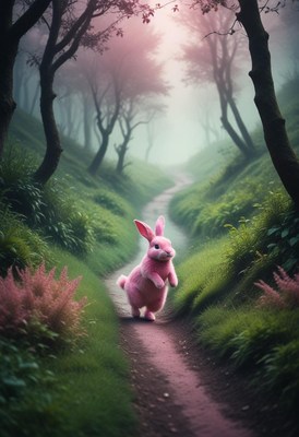 Pink rabbit on a foggy path