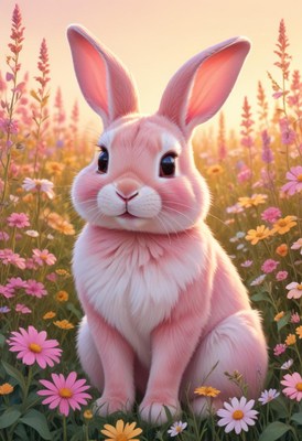 Pink rabbit in a field of flowers