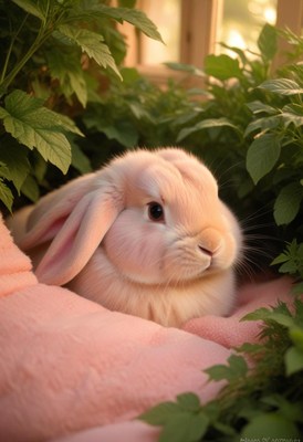 Pink rabbit resting in green foliage