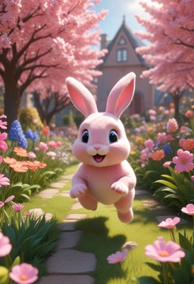 Pink bunny hopping on spring day