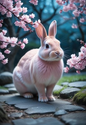 Pink rabbit under cherry blossoms