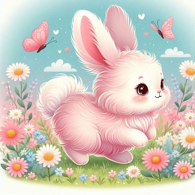 Pink bunny in a flower field