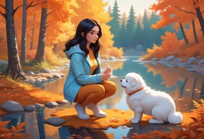 Woman and dog by stream in autumn