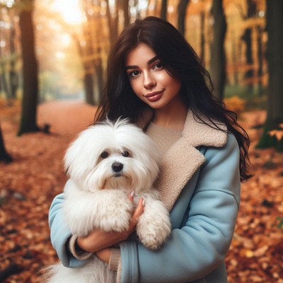 Woman holding small white dog in autumn woods