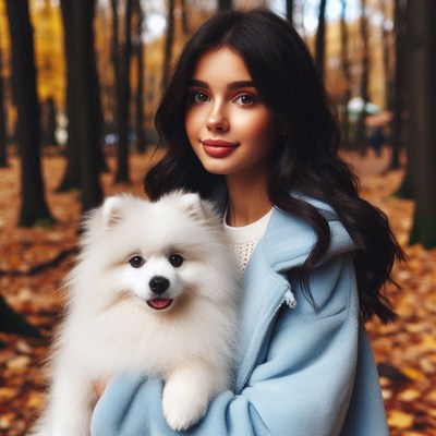 Woman holds white dog in autumn woods