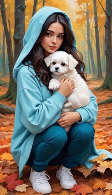 Woman holding puppy in autumn forest