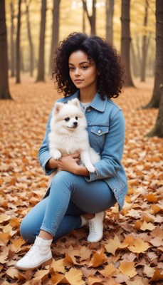 Woman holding dog in autumn forest