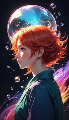 Red-haired woman gazing at bubbles