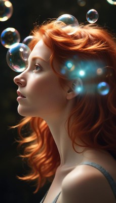 Redhead woman looking up at bubbles