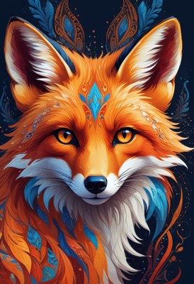 Orange fox with blue feathers